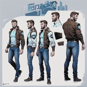 multiple_views, model sheet, reference_sheet, more_than_one_pose, sole_male, light_blue_eyes, very short hair, brown_hair, beard, stubble, stocky build, manly, brown leather bomber jacket with fur-lining, grey long_sleeve shirt, blue_jeans, (white_background:1.4), high_resolution, masterpiece, detailed face, sharp focus, comicbook, lineart,cyberpunk