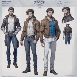 multiple_views, model sheet, reference_sheet, more_than_one_pose, sole_male, toddmac2023, light_blue_eyes, very short hair, brown_hair, beard, stubble, stocky build, manly, brown leather bomber jacket with fur-lining, grey long_sleeve shirt, blue_jeans, (white_background:1.4), high_resolution, masterpiece, detailed face, sharp focus, comicbook