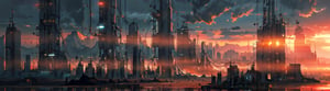 desert wasteland, distant city skyline, sunrise, silhouette, cyberpunk, science_fiction, high_resolution, 8k, rayearth,