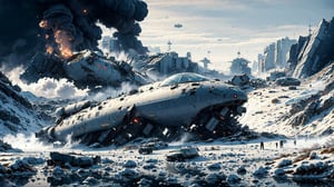 Spaceship crashed in Frozen Lake, Winter Wasteland, smoking wreckage, high_resolution, 8k, Science fiction, comic, cartoon, vector,