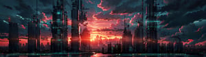 City skyline, island, sunset, silhouette, cyberpunk, science_fiction, high_resolution, 8k, rayearth,