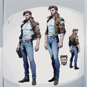 multiple_views, model sheet, reference_sheet, more_than_one_pose, sole_male, (light_blue_eyes), very short hair, brown_hair, beard, stubble, stocky build, manly, brown leather bomber jacket with fur-lining, grey long_sleeve shirt, blue_jeans, (white_background:1.4), high_resolution, masterpiece, detailed face, sharp focus, comicbook, lineart,cyberpunk,toddmac2023