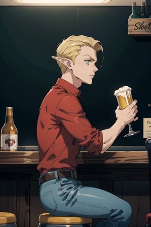 sole_male, blond_hair, slicked_back_hair, green_eyes, elf_ears, red_shirt, blue_jeans, sitting on barstool drinking beer in cyberpunk bar, side_view