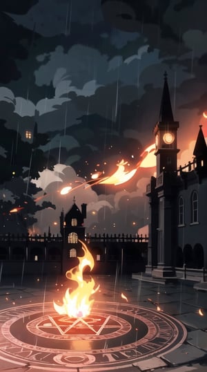 Fire raining down from Magic circle in sky above burning Medieval city at night, fantasy, magic, fire, flames, smoke, ((Dark, Black, Red, Orange)), cloudy_sky, storm clouds, nighttime, midnight, digital_artwork, digital_painting, extreme low-angle_shot, cobblestone road, 
