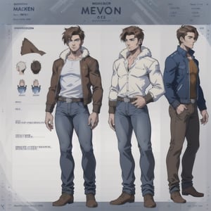 multiple_views, model sheet, reference_sheet, sole_male, toddmac2023, light_blue_eyes, short-hair, brown_hair, stubble, short, manly, brown leather bomber jacket with fur-lining, grey long_sleeve shirt, blue_jeans, (white_background:1.2), 