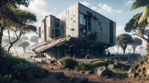Blocky building in dense Jungle, worn down, derelict, cyberpunk, high_resolution, 8k, Science fiction,