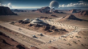 airstrip, control tower, Desert planet, wasteland, landing strip, spaceships, high_resolution, 8k, Science fiction, high-angle_view, birds-eye_view