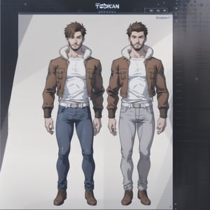 multiple_views, model sheet, reference_sheet, sole_male, toddmac2023, light_blue_eyes, short-hair, brown_hair, stubble, stocky build, manly, brown leather bomber jacket with fur-lining, grey long_sleeve shirt, blue_jeans, (white_background:1.4), 