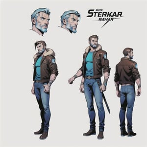 multiple_views, model sheet, reference_sheet, more_than_one_pose, sole_male, (light_blue_eyes), very short hair, brown_hair, beard, stubble, stocky build, manly, brown leather bomber jacket with fur-lining, grey long_sleeve shirt, blue_jeans, sci_fi scabbard, (white_background:1.4), high_resolution, masterpiece, detailed face, sharp focus, comicbook, lineart,cyberpunk,toddmac2023