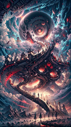 Medieval fantasy city, magic portal in sky, magic_circle, ((Dark, Black, Red)), cloudy_sky, storm clouds, nighttime, digital_artwork, digital_painting, low-angle_shot, paved road, watercolor pencil (medium), fascinating, tom robinson, new weird fantasy, caustics, office