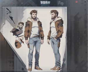 multiple_views, model sheet, reference_sheet, sole_male, toddmac2023, light_blue_eyes, very short hair, brown_hair, beard, stubble, stocky build, manly, brown leather bomber jacket with fur-lining, grey long_sleeve shirt, blue_jeans, (white_background:1.4), high_resolution, masterpiece, detailed face, sharp focus