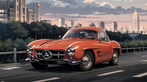 (Red:1.5), 300SL Mercedes-Benz, car, driving high speed on highway, cityscape, cyberpunk, highrise buildings, speed_lines, midnight, 