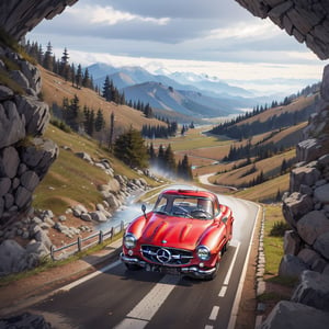 Dark_Red Mercedes-Benz 300 SL, Driving High Speed around a Turn on Trecherous Mountain Road, Low-angle view, rayearth