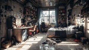 Inside small apartment, bed, desk, high_resolution, 8k, Science fiction, comic, cartoon, 