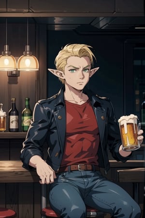 sole_male, blond_hair, slicked_back_hair, green_eyes, elf_ears, red_shirt, black leather jacket, blue_jeans, sitting on barstool drinking beer in cyberpunk bar, side_view