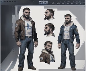 multiple_views, model sheet, reference_sheet, sole_male, toddmac2023, light_blue_eyes, very short hair, brown_hair, beard, stubble, stocky build, manly, brown leather bomber jacket with fur-lining, grey long_sleeve shirt, blue_jeans, (white_background:1.4), high_resolution, masterpiece, detailed face, sharp focus