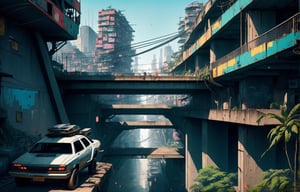 Cyberpunk elevated Highway built over dense Favela slum, science_fiction, Daytime, drawn comicbook style