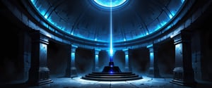 Dark underground crypt lit with blue torches, massive empty circular room, black obsidian walls, (black crystal obsidian:2), fantasy, digital_painting, shadows, dome ceiling,