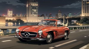 (Red:1.5), 300SL Mercedes-Benz, car, driving high speed on highway, cityscape, highrise buildings, speed_lines, midnight,car