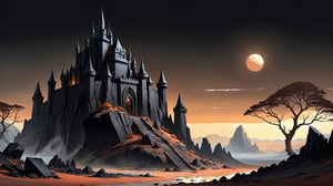 black obsidian Castle on top of hill, (black crystal obsidian:2), dry earth, dead plants, grey earth, ash, (grey:1.5), (brown:1.5), barren, fantasy, digital_painting, bright sunrise, shadows, 