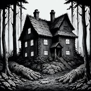 Cottage in woods, dense forest, (dark:2), qzhorror theme, terrifyingperspective, JunjiIto_qz, huge and terrifying, (monochome:2), flat_color, 