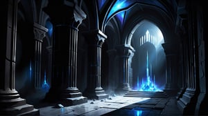Dark crypt lit with blue torches, black obsidian walls, (black crystal obsidian:2), fantasy, digital_painting, shadows, dust, cobwebs