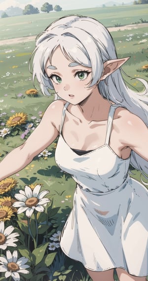 aafrie, long hair, white hair, pointy ears, thick eyebrows, collarbone, bare shoulders, white dress, sleeveless dress, green grass field, 