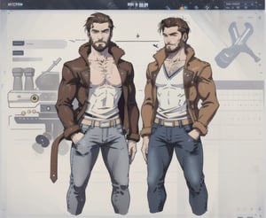 multiple_views, model sheet, reference_sheet, sole_male, toddmac2023, light_blue_eyes, very short hair, brown_hair, beard, stubble, stocky build, manly, brown leather bomber jacket with fur-lining, grey long_sleeve shirt, blue_jeans, (white_background:1.4), high_resolution, masterpiece, detailed face, sharp focus