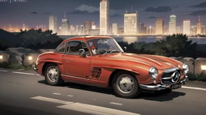 (Red:1.5), 300SL Mercedes-Benz, car, driving high speed on highway, cityscape, cyberpunk, highrise buildings, speed_lines, midnight, 