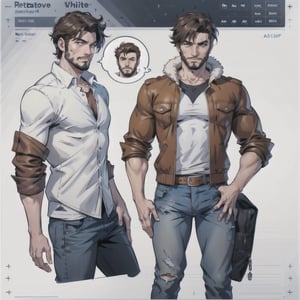 multiple_views, model sheet, reference_sheet, more_than_one_pose, sole_male, toddmac2023, light_blue_eyes, very short hair, brown_hair, beard, stubble, stocky build, manly, brown leather bomber jacket with fur-lining, grey long_sleeve shirt, blue_jeans, (white_background:1.4), high_resolution, masterpiece, detailed face, sharp focus, comicbook, lineart