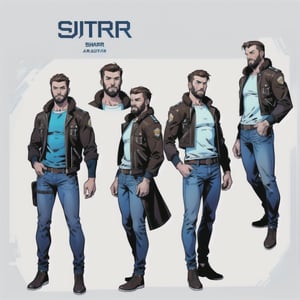 multiple_views, model sheet, reference_sheet, more_than_one_pose, sole_male, light_blue_eyes, very short hair, brown_hair, beard, stubble, stocky build, manly, brown leather bomber jacket with fur-lining, grey long_sleeve shirt, blue_jeans, (white_background:1.4), high_resolution, masterpiece, detailed face, sharp focus, comicbook, lineart,cyberpunk