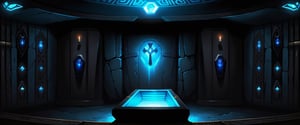 Dark underground crypt lit with blue torches, large circular room, three stone sarcophagus at centre of room, (coffin:2), black obsidian walls, (black crystal obsidian:2), fantasy, digital_painting, shadows, dome ceiling,