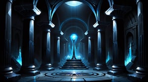 Dark underground crypt lit with blue torches, circular room, black obsidian walls, (black crystal obsidian:2), fantasy, digital_painting, shadows, dust, cobwebs, columns