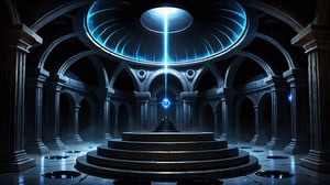 Dark underground crypt lit with blue torches, large circular room, black obsidian walls, (black crystal obsidian:2), fantasy, digital_painting, shadows, dust, cobwebs, dome ceiling, symmetrical