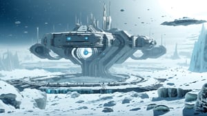 Spaceship landing platform on frozen planet, ice, snow, Science fiction, xs-wasteland-style, high-angle_shot, looking_down