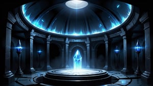 Dark underground crypt lit with blue torches, large circular room, black obsidian walls, (black crystal obsidian:2), fantasy, digital_painting, shadows, dust, cobwebs, dome ceiling