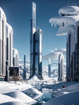 Skyscraper on frozen planet, ice, snow, wasteland, Science fiction, low-angle_shot, looking_up,
