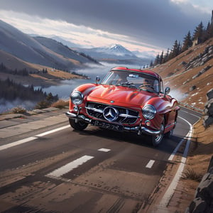 Dark_Red Mercedes-Benz 300 SL, Driving High Speed around a Turn on Trecherous Mountain Road, speed_lines, low-angle_shot, rayearth