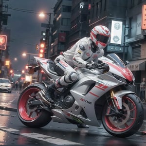 ftsbk, red motorcycle racing through city streets, white helmet, white_bodysuit, science_fiction, cyberpunk, midnight, street lights, neon signs, cinematic, high speed