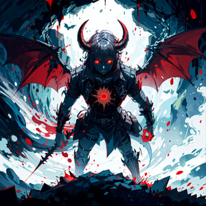 Evil Demon Standing in dark cave, bat_wings, horns, ((red_eyes, glowing_eyes)), ((dark)), shadows,