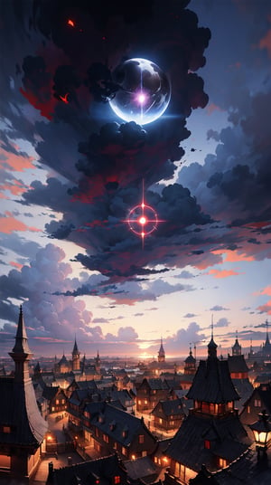 Medieval fantasy city, magic portal in sky, magic_circle, ((Dark, Black, Red)), cloudy_sky, storm clouds, nighttime, digital_artwork, digital_painting, 