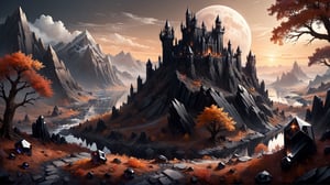black obsidian Castle on top of hill, (black crystaline obsidian:2), dry earth, dead plants, grey earth, ash, (grey:1.5), (brown:1.5), barren, fantasy, digital_painting, bright sunrise, shadows, ,crystalz