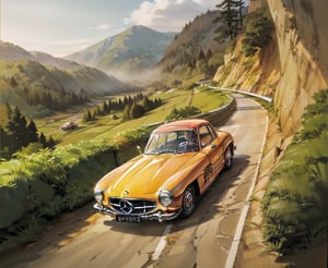 Mercedes-Benz 300 SL, Red, Driving High Speed around a Turn on Trecherous Mountain Road,