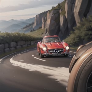 Dark_Red Mercedes-Benz 300 SL, Driving High Speed around a Turn on Trecherous Mountain Road, speed_lines, low-angle_shot,