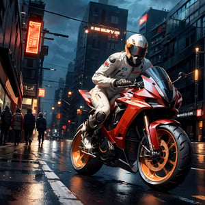 ftsbk, red hover bike racing through city streets, white helmet, white_bodysuit, science_fiction, cyberpunk, midnight, street lights, neon signs, cinematic, high speed