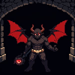 Evil Demon Standing in dark cave, bat_wings, horns, ((red_eyes, glowing_eyes)), ((dark)), shadows,Pixel art