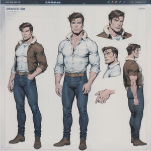 multiple_views, model sheet, reference_sheet, more_than_one_pose, sole_male, light_blue_eyes, very short hair, brown_hair, beard, stubble, stocky build, manly, brown leather bomber jacket with fur-lining, grey long_sleeve shirt, blue_jeans, (white_background:1.4), high_resolution, masterpiece, detailed face, sharp focus, comicbook, lineart,