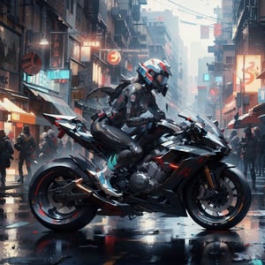 ftsbk, white hover bike racing through city streets, black helmet, black_bodysuit, science_fiction, cyberpunk, midnight, street lights, neon signs, cinematic, high speed