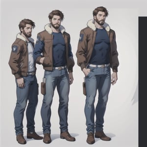 multiple_views, model sheet, reference_sheet, sole_male, toddmac2023, light_blue_eyes, short-hair, brown_hair, beard, stubble, stocky build, manly, brown leather bomber jacket with fur-lining, grey long_sleeve shirt, blue_jeans, (white_background:1.4), high_resolution, masterpiece