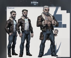 multiple_views, model sheet, reference_sheet, sole_male, toddmac2023, light_blue_eyes, very short hair, brown_hair, beard, stubble, stocky build, manly, brown leather bomber jacket with fur-lining, grey long_sleeve shirt, blue_jeans, (white_background:1.4), high_resolution, masterpiece, detailed face, sharp focus